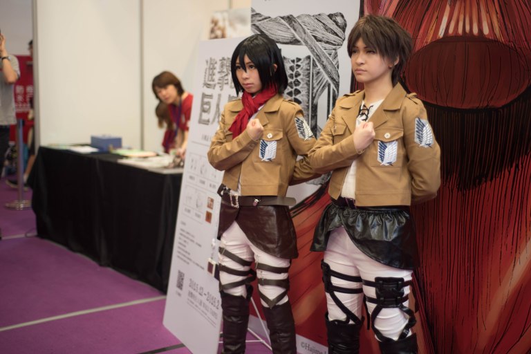 Peeps posing as Attack On Titan characters.